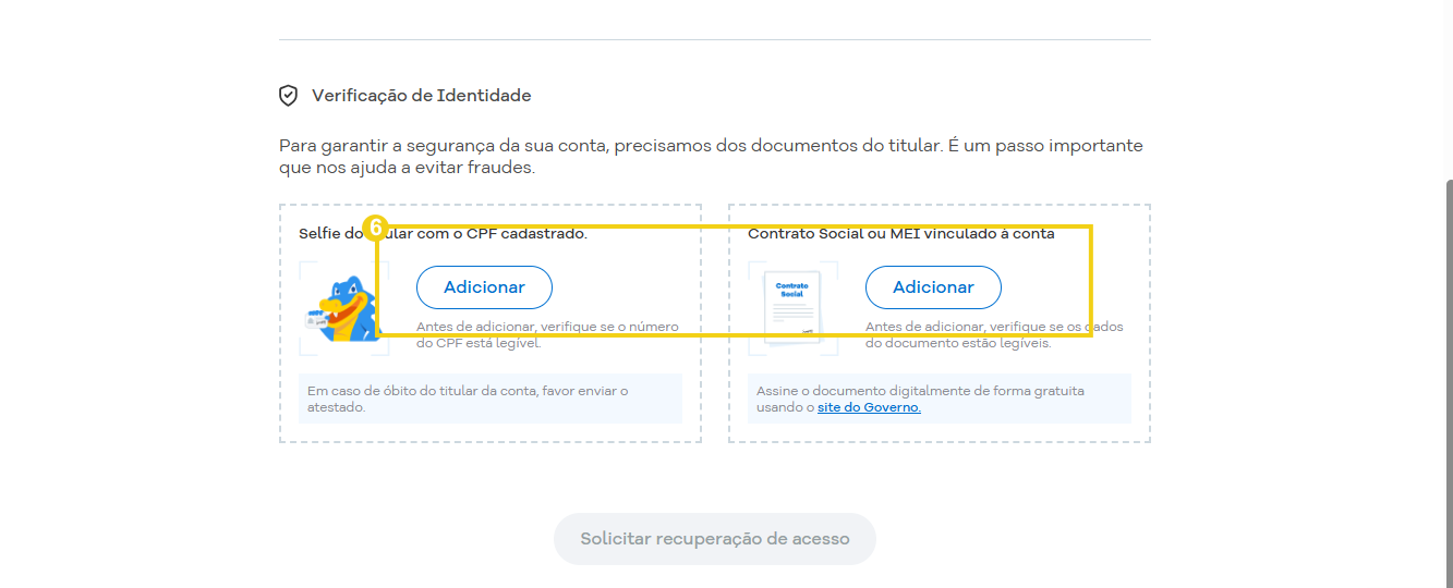 imagem mostra que é necessário clicar no botão "Adicionar" para enviar os documentos para verificação