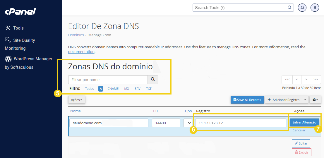 Imagem do painel de controle do cPanel mostrando a configuração de zones DNS para o domínio 'sudominio.com', com opções de edição e salvamento de registros DNS.