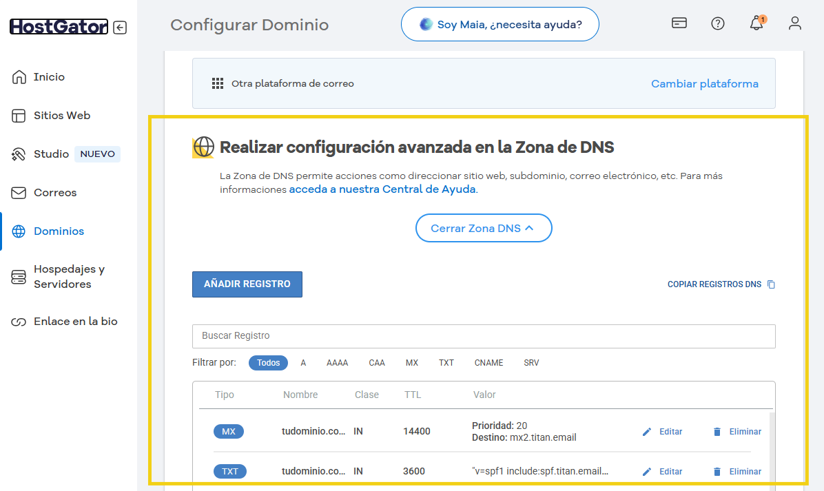 Imagem mostrando a configuração avançada na Zona de DNS de um domínio, com opções de registros MX e TXT, importante para gerenciar DNS de sites.