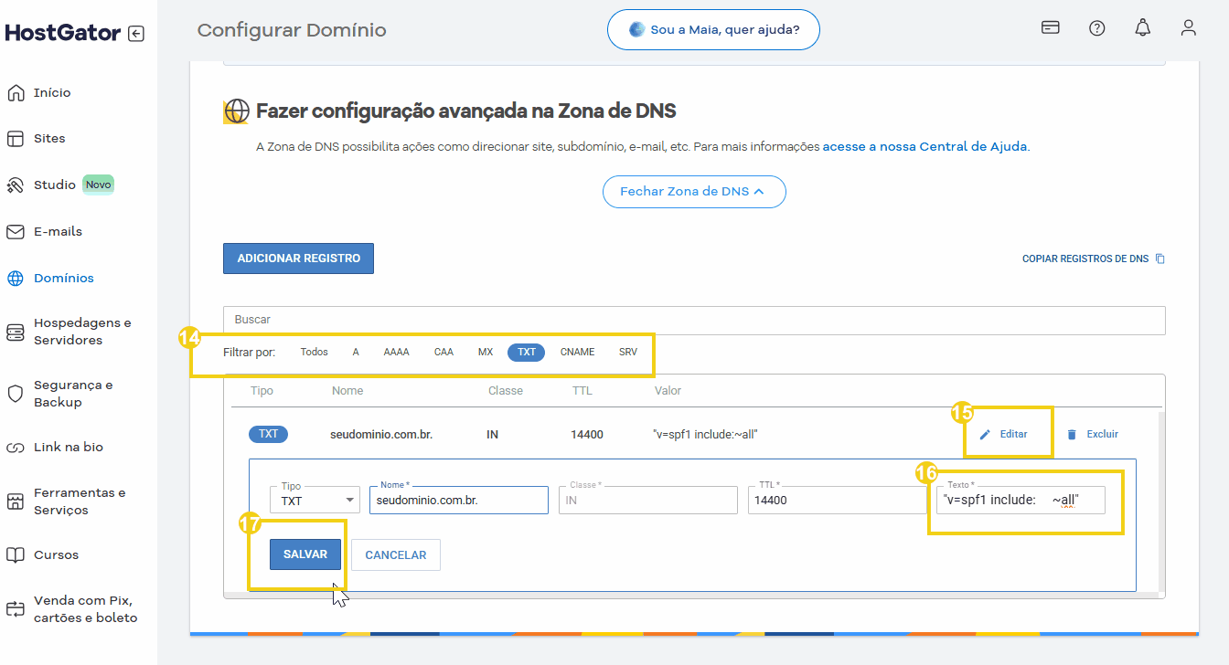 Tela de configuração avançada na Zona de DNS do painel do HostGator, mostrando como editar registros TXT para otimização de DNS