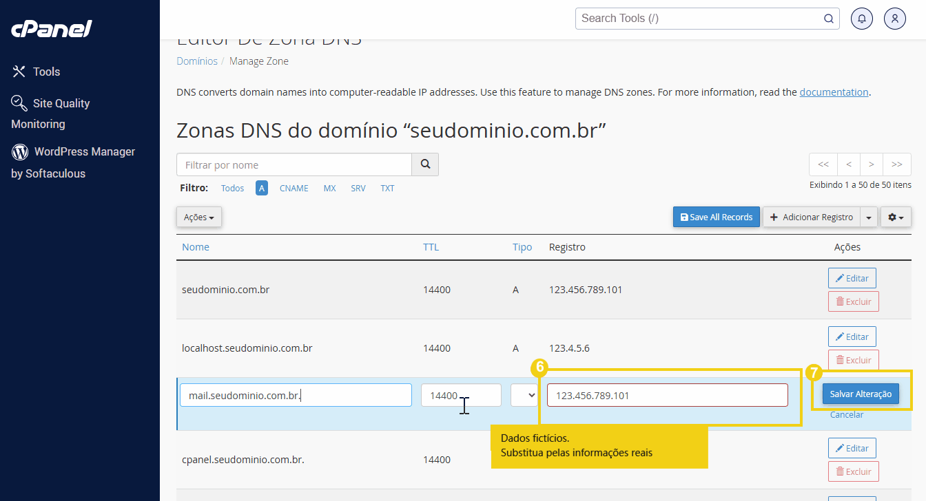 Configuração de DNS no painel de controle do cPanel, ajustando registros de e-mail do domínio