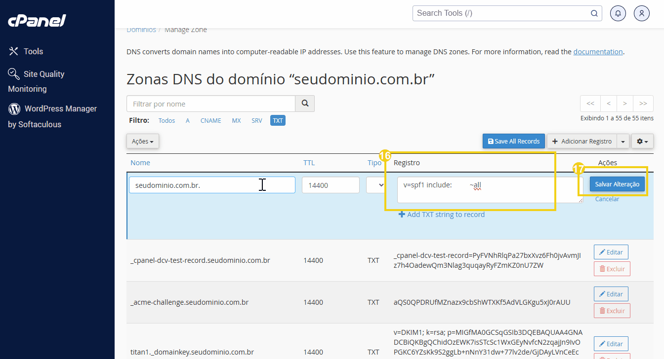 Imagem do painel de gerenciamento de zonas DNS do domínio no cPanel, mostrando configurações de registros DNS dos e-mails