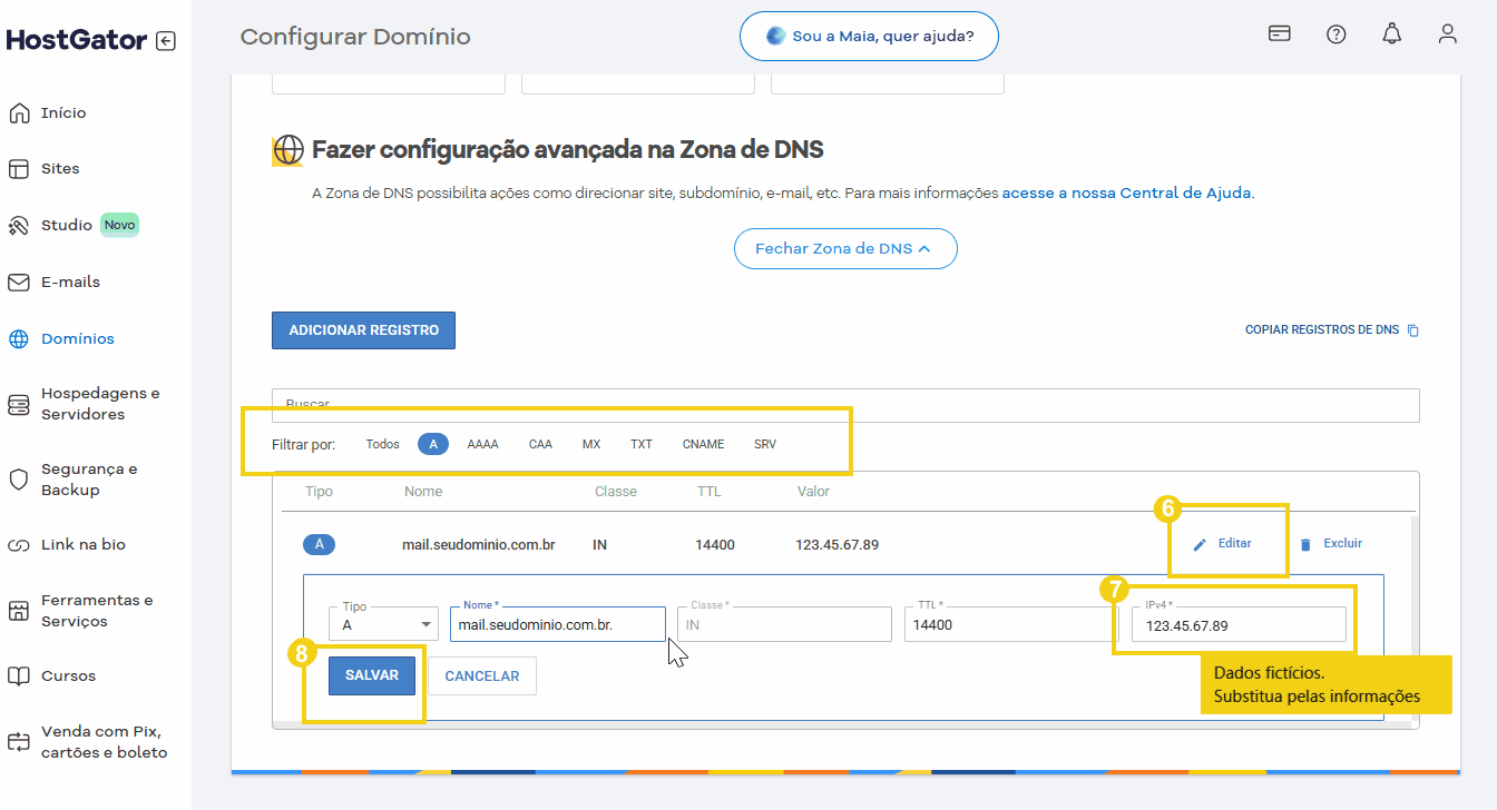 Imagem mostrando a configuração avançada na Zona de DNS de um domínio, com opções de registros tipo A, importante para gerenciar DNS de sites.
