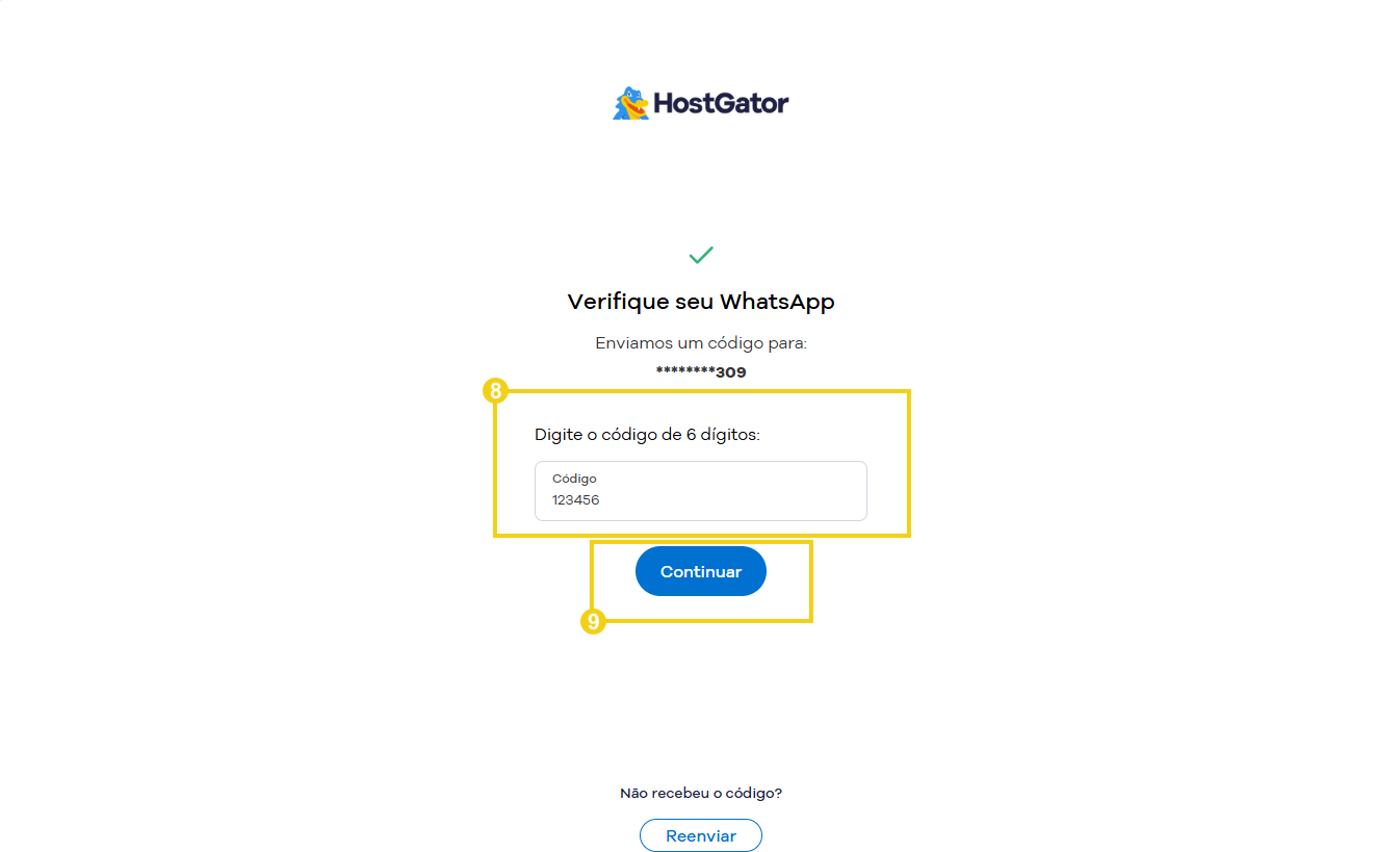 Imagem mostra a tela para colar o código que recebeu no WhatsApp e com a marcação no botão "Continuar"