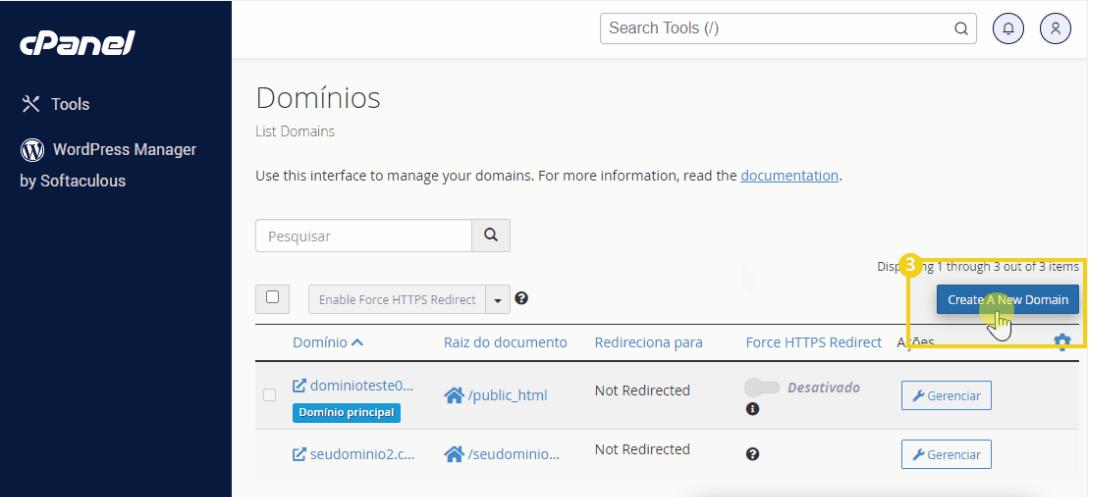 Imagem do cPanel com a marcação no botão "Create a new domain"