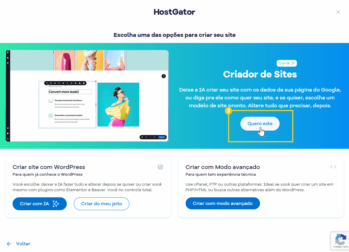Imagem mostra em destaque a opção do Criador de Site com IA, com marcação no botão "Quero este"