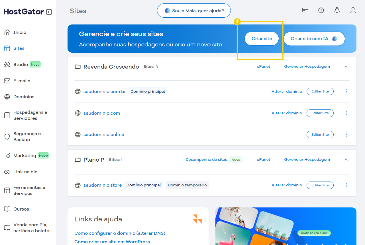 Imagem mostra a tela do Portal do Cliente, na aba "Sites", com a marcação no botão "Criar site"