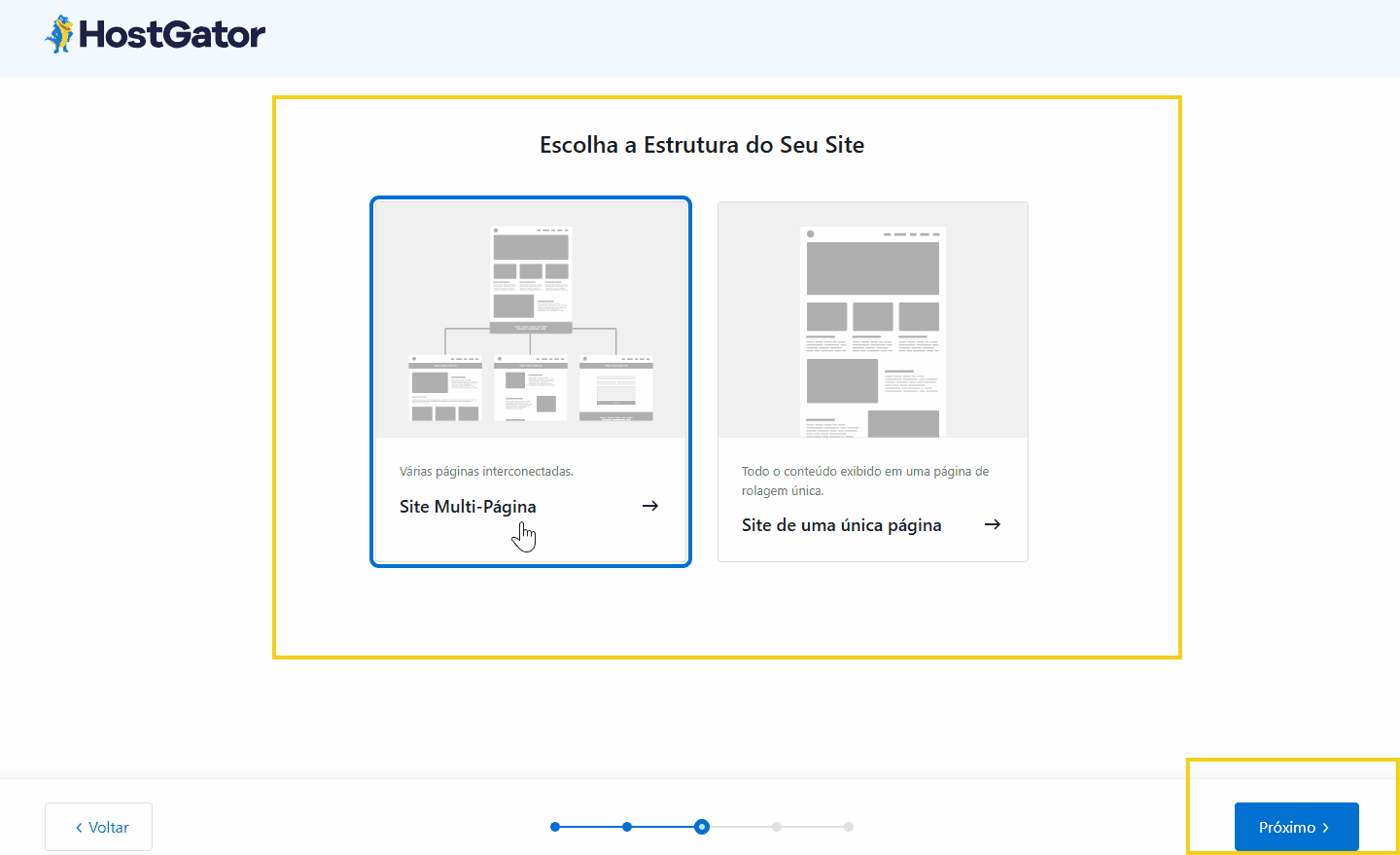 Imagem de uma plataforma de criação de sites na opção de escolher estrutura do site, destacando o modelo de múltiplas páginas para otimizar seu domínio na web com HostGator.