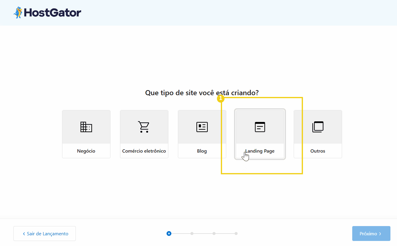 imagem de uma tela de criação de site na plataforma HostGator, selecionando o tipo Landing Page para desenvolver um site personalizado.