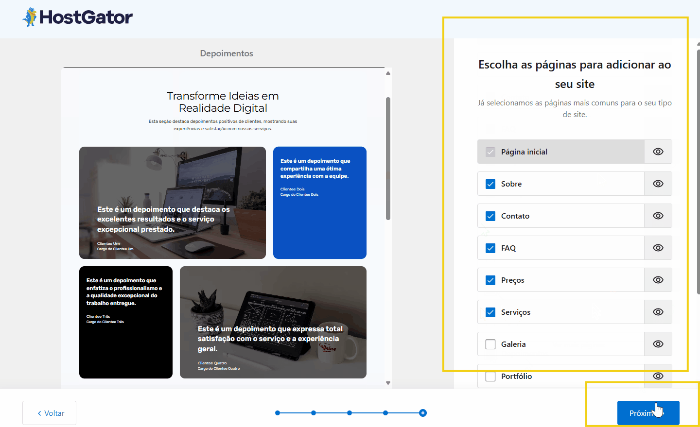 Imagem de depoimentos de clientes destacando experiência positiva com serviço de excelência, com página de adição de conteúdo ao site apresentado na tela.