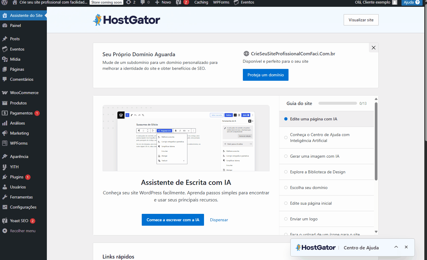 Tela do painel do HostGator mostrando opções para gerenciar domínios, páginas, plugins e configurações de SEO, ideal para quem busca melhorar seu site com inteligência artificial.
