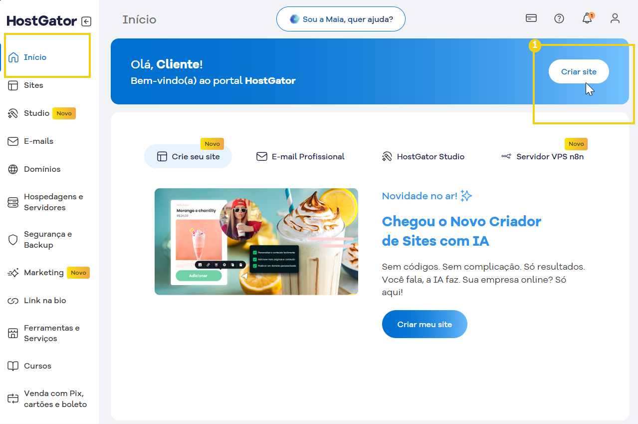 Página inicial do portal HostGator em português destacando recursos de criação de sites com inteligência artificial e suporte ao cliente.