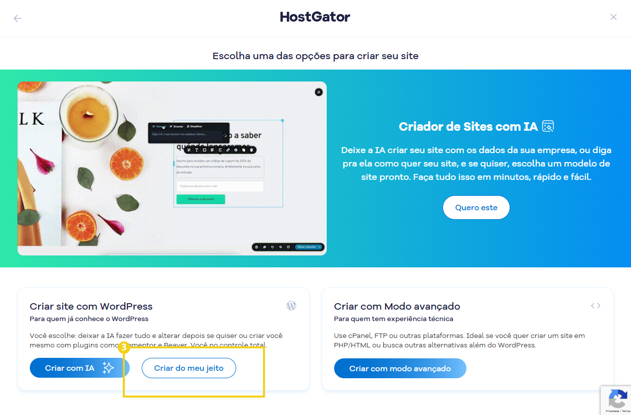 Imagem de uma interface do HostGator apresentando opções para criar sites com inteligência artificial, incluindo templates para WordPress e modo avançado.