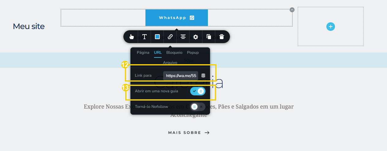 Imagem mostra o link do WhatsApp inserido e a configuração ativa para abrir em nova guia