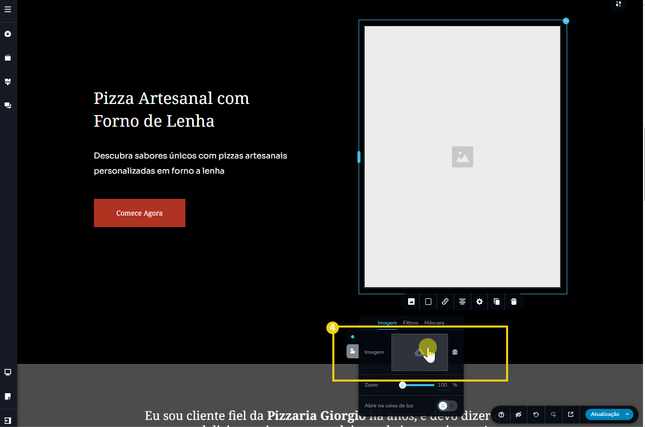 tela do editor do novo criador de sites com ia, destacando o ícone de quadrante para adicionar uma nova imagem