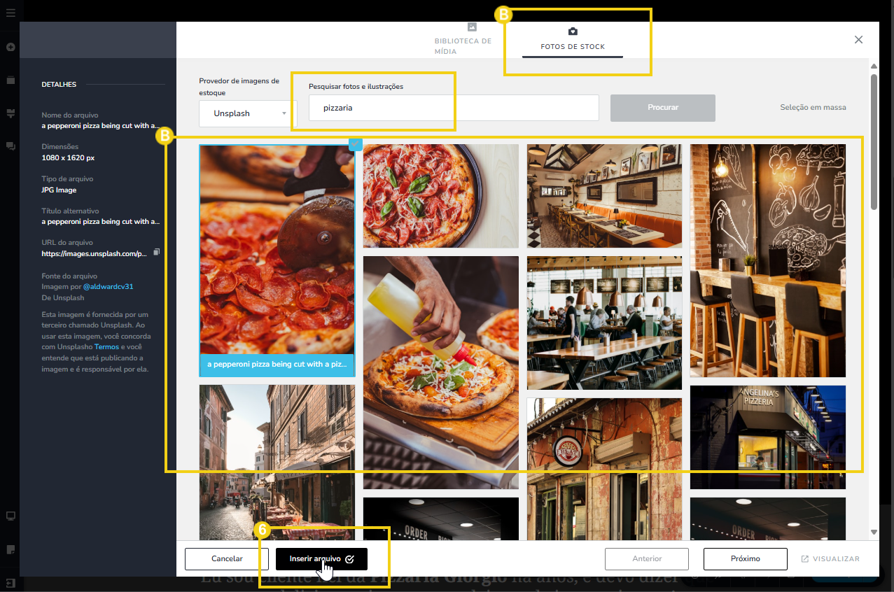 imagem dentro do editor do criador de sites com ia, mostrando a biblioteca de imagens para selecionar alguma e inserir