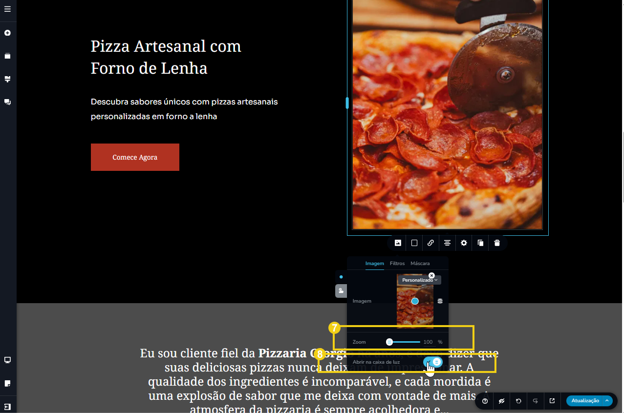 tela do editor criador de sites com ia mostrando o ajustes de zoom da imagem e o botão para selecionar se deseja que a imagem se abra em uma nova aba