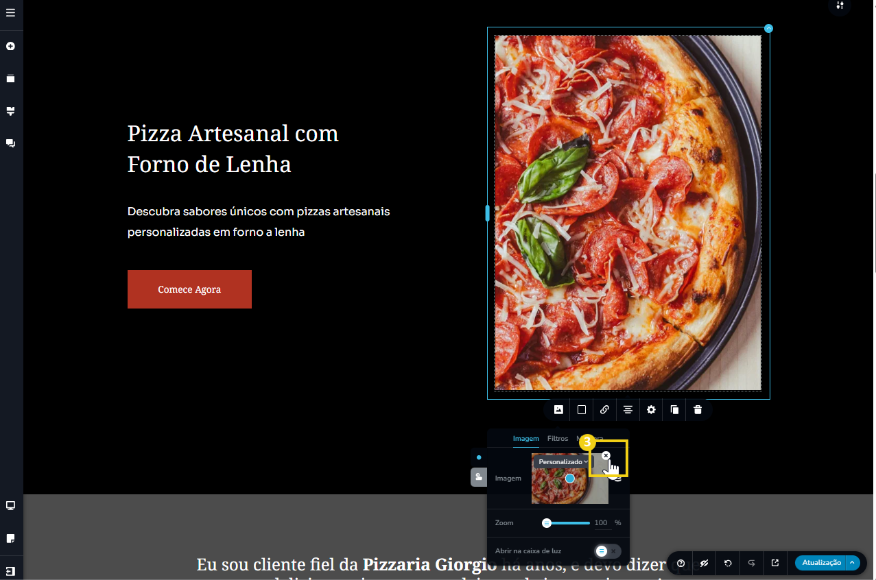 Tela do editor do novo criador de sites, mostrando o menu de edição da imagem e destacando o ícone de x na imagem pequena de baixo