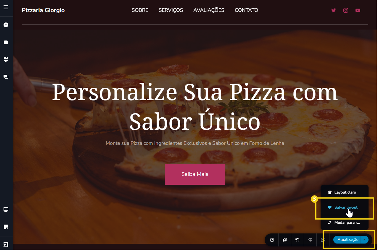 Imagem ilustrativa do editor do criador de site, destacando no menu inferior, o botão de salvar layout