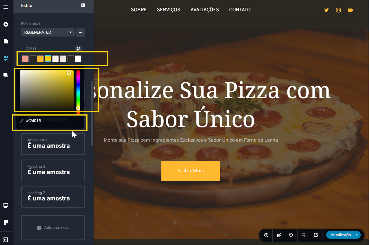 imagem ilustrativa do editor do criador de sites com ia, destacando dentro do estilo do site, a paleta de cores, para ser modificado manualmente escolhendo a cor ou com código hex