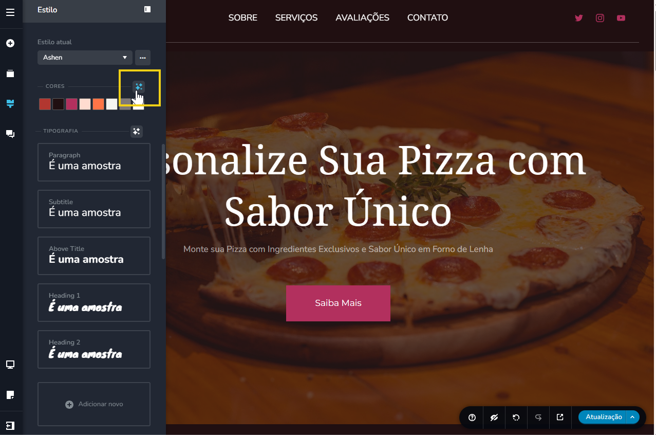 imagem ilustrativa do editor do criador de sites com ia, destacando dentro do estilo do site, a paleta de cores, para ser modificado com sugestões de IA