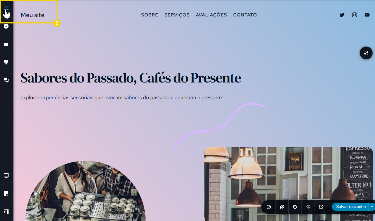 Imagem mostra a tela do Editor do Criador de Sites com a marcação no botão que deve ser clicado, o ícone de hambúguer que é representado por 3 linhas na horizontal