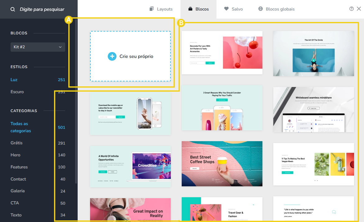 Design de página de internet com diversos modelos de templates de websites em diferentes estilos, cores e layouts, ideal para criar páginas online personalizadas.