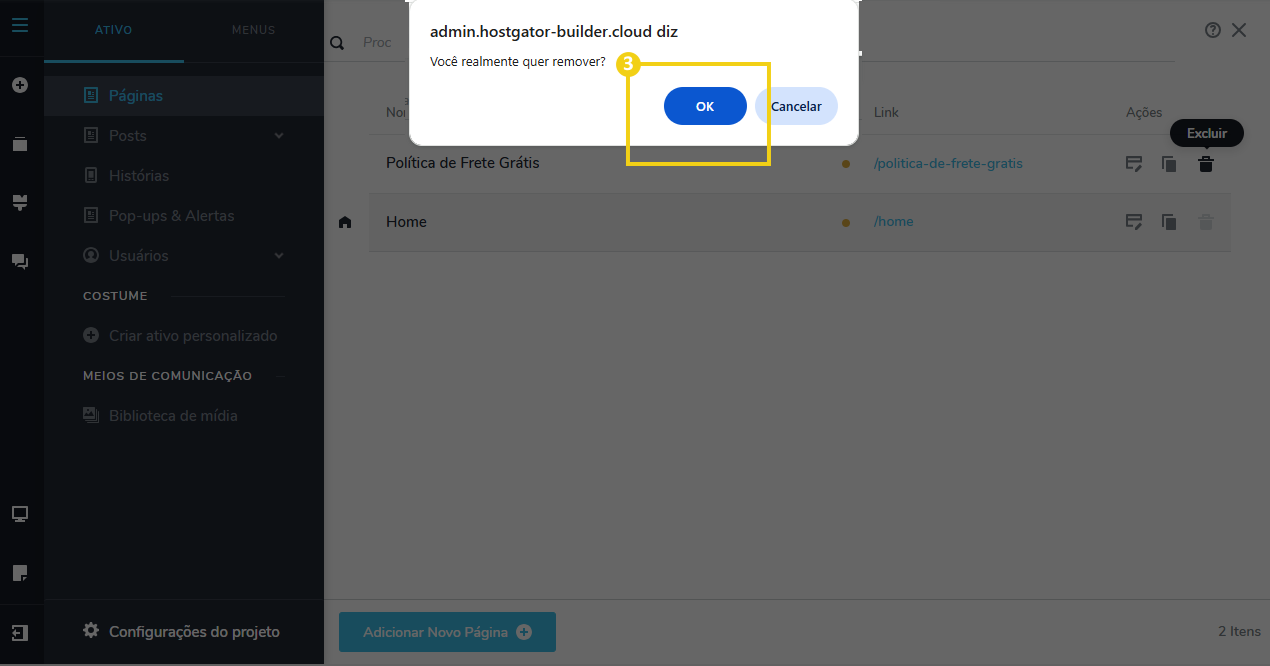 Imagem mostra a marcação no botão "Ok", para confirmar a exclusão