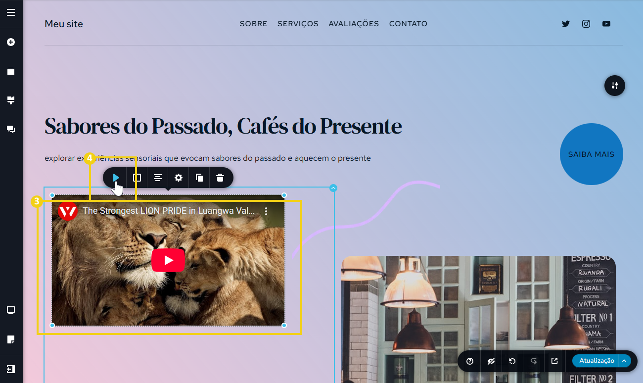 Imagem mostra que ao clicar no vídeo adicionado abre um menu, e para incluir o vídeo que deseja, precisa clicar no primeiro item que é uma seta