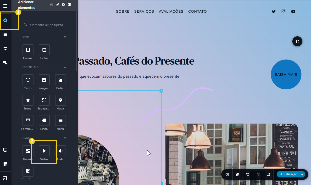 Imagem mostra a tela do painel editor do novo Criador de Sites com a marcação no menu lateral, no ícone de mais e na opção de vídeo