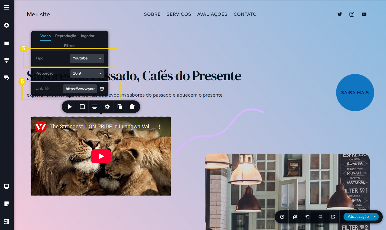 Imagem mostra que ao clicar na seta abre as opções para escolher o tipo de plataforma do vídeo, por exemplo, YouTube e depois em Link tem o campo para colar a URL do vídeo que deseja adicionar
