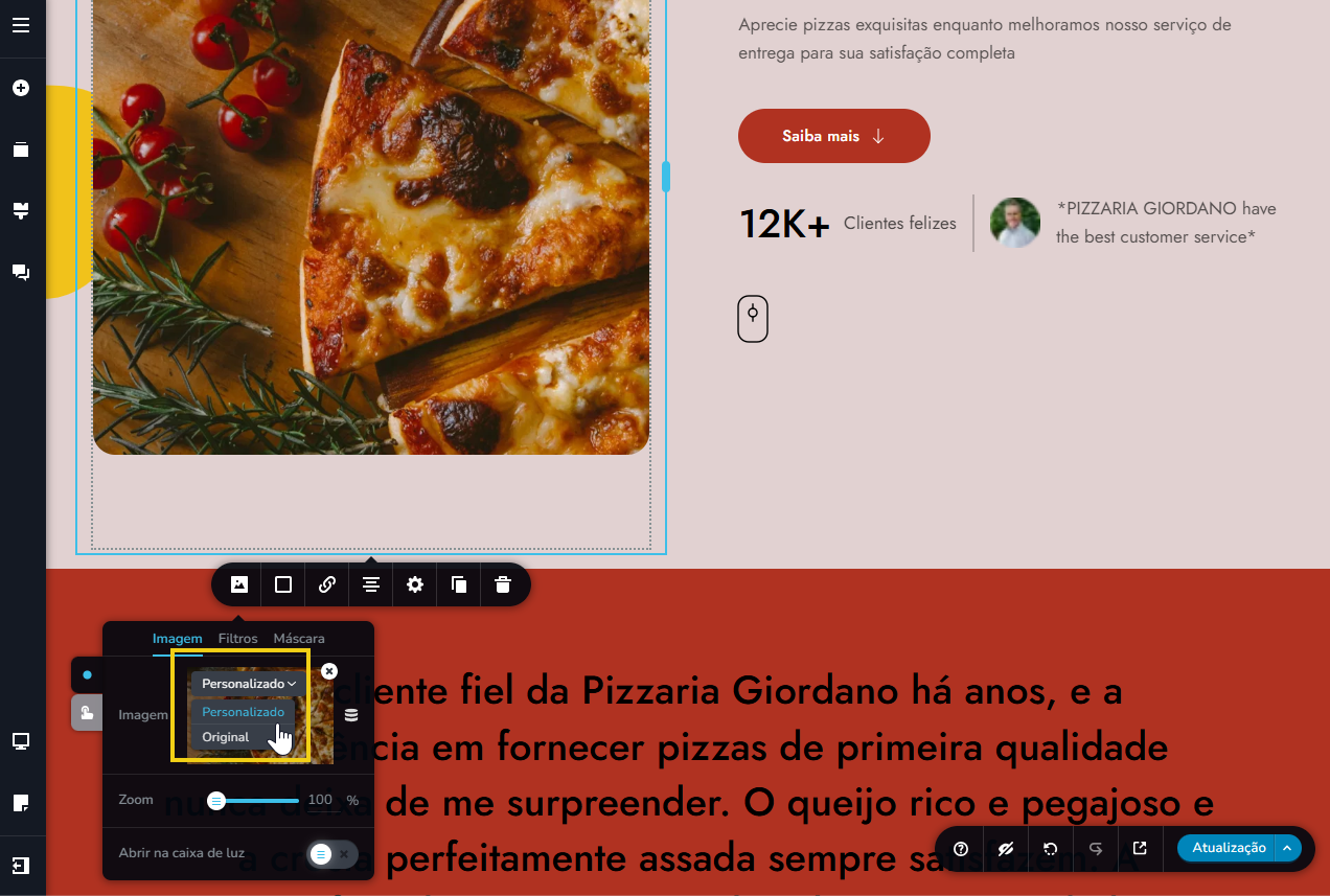 tela do editor criador de sites com ia, destacando personalizado imagem