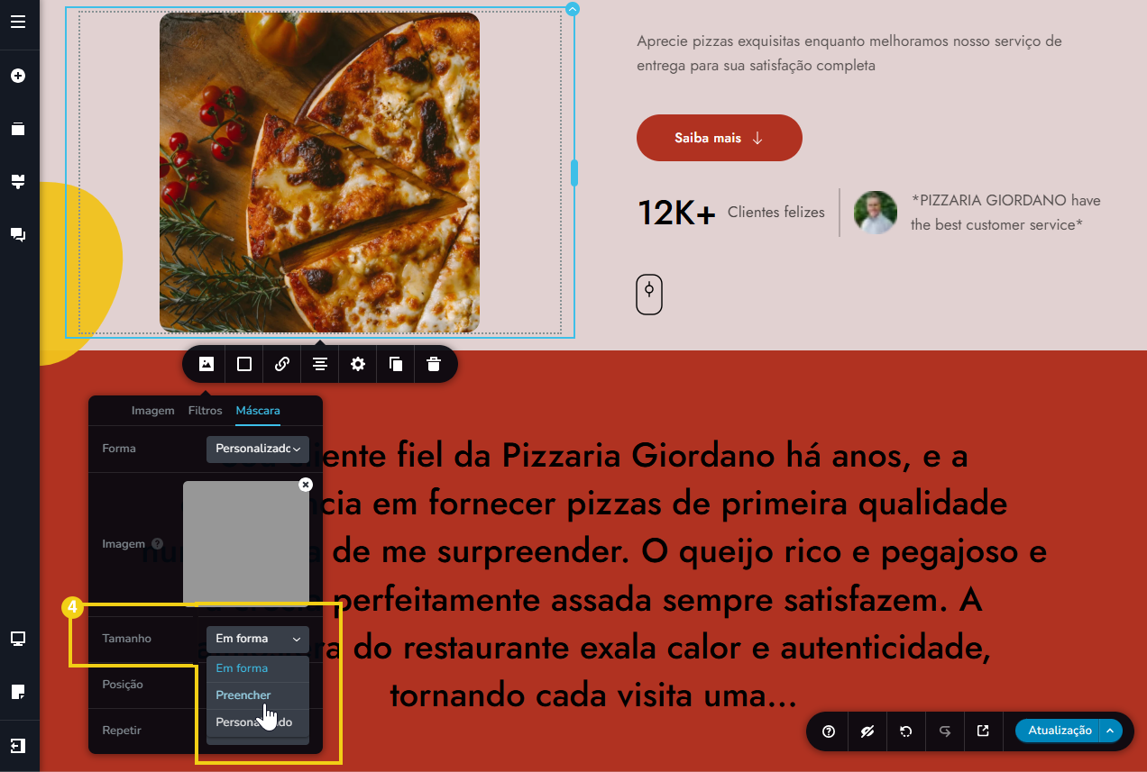 tela do editor criador de sites com ia, destacando o tamanho da máscara