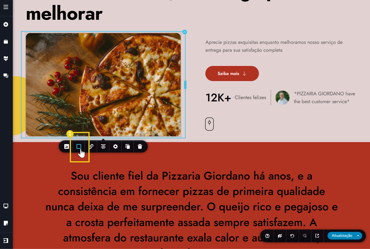 tela do editor criador de sites com ia, destacando no menu da imagem o ícone de quadrado