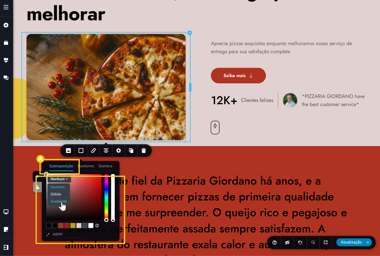 tela do editor criador de sites com ia, destacando no menu de imagem a sobreposição