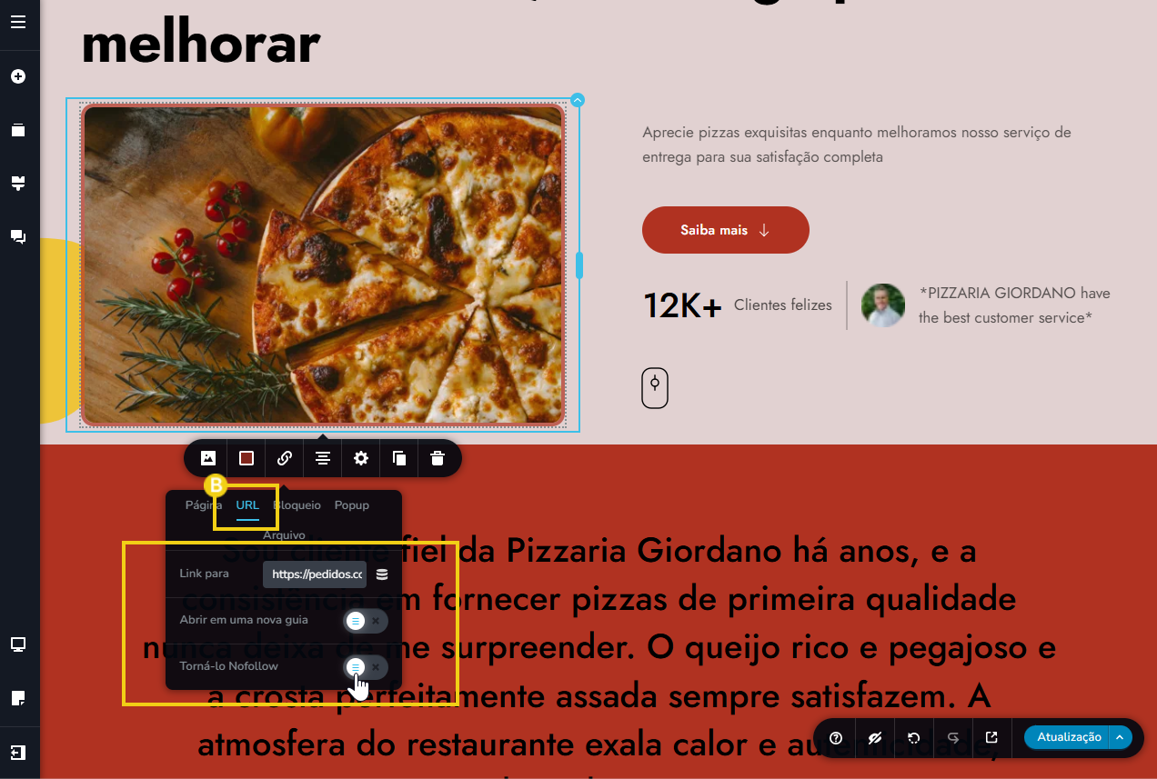 Tela do editor criador de sites com ia, destacando o link via URL