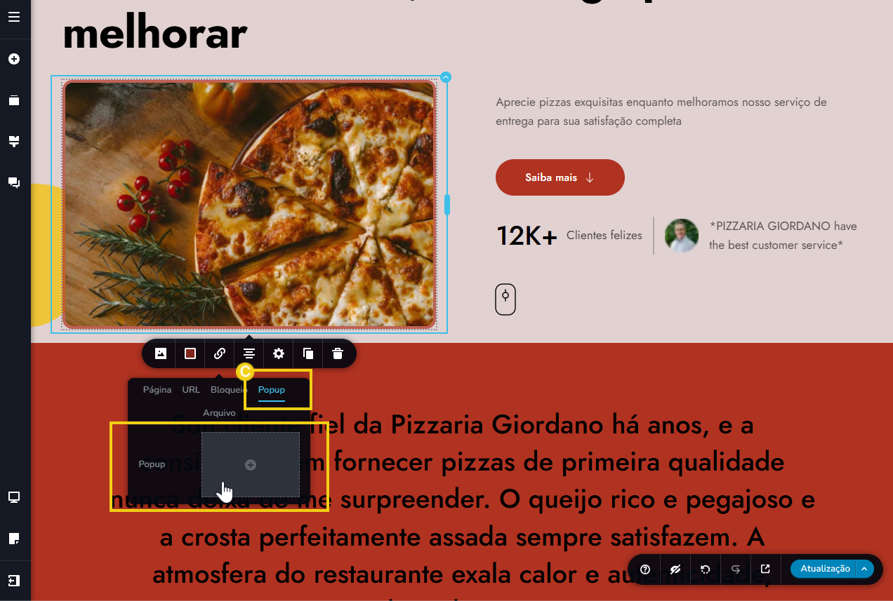 Tela do editor criador de sites com ia, destacando o link via popup