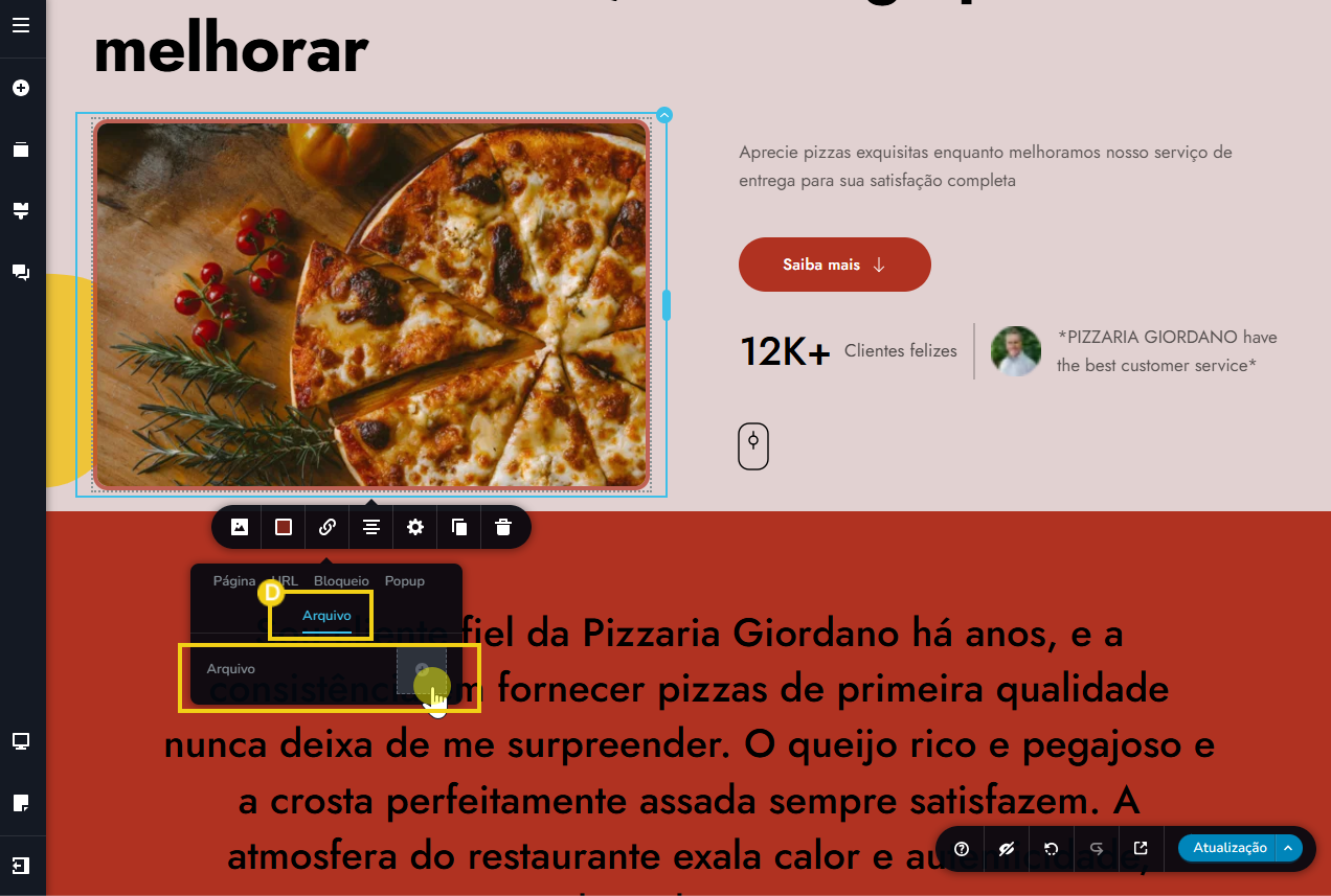 Tela do editor criador de sites com ia, destacando o link via arquivo