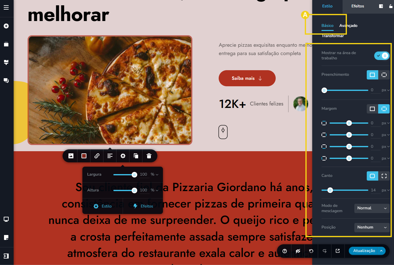 Tela do editor criador de sites com ia, destacando o configurar estilo da imagem básico