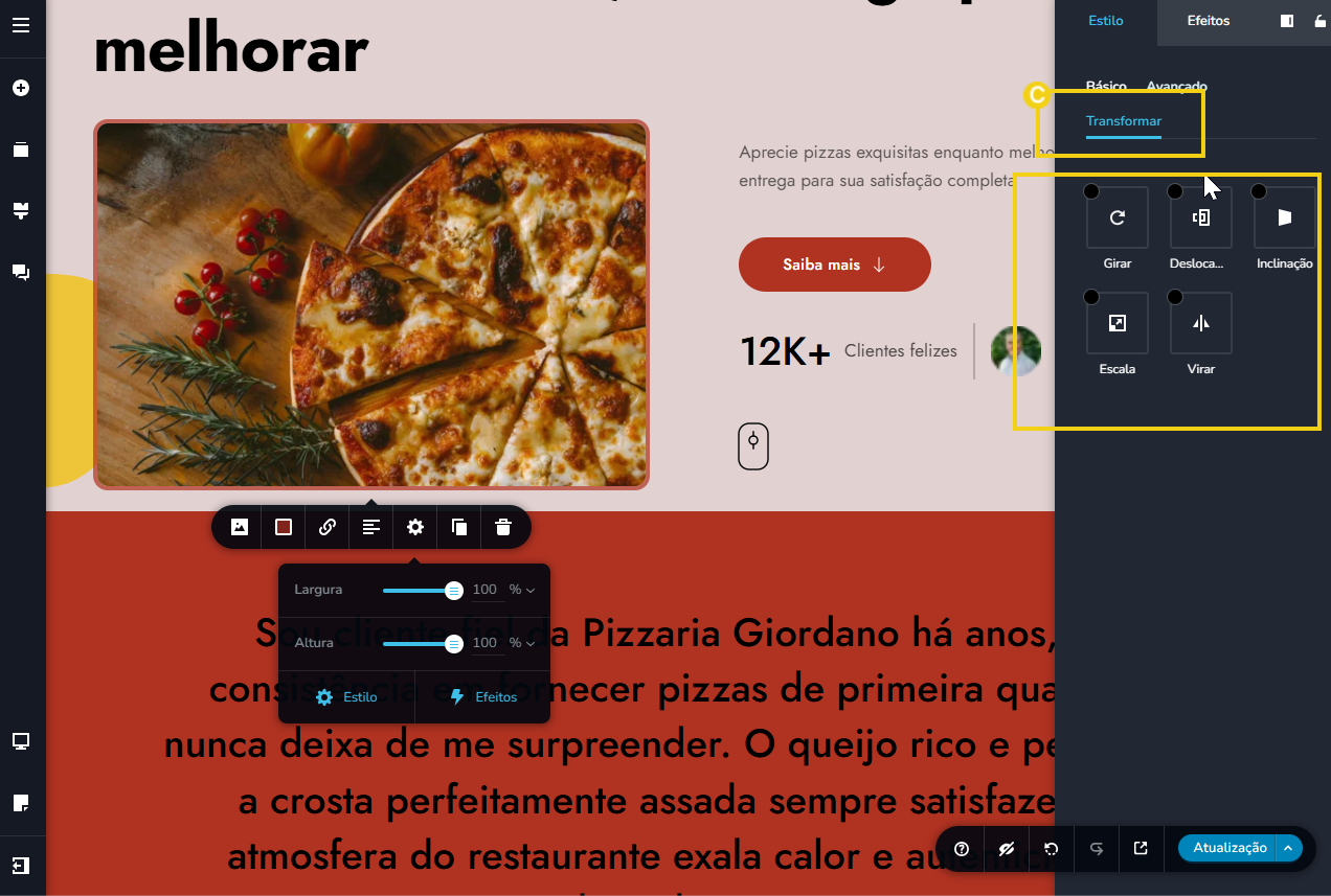 Tela do editor criador de sites com ia, destacando o configurar estilo da imagem transformar