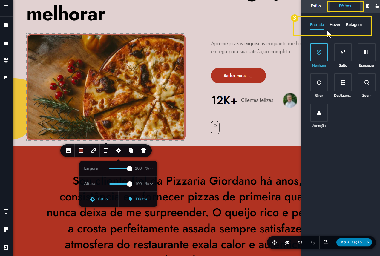 Tela do editor criador de sites com ia, destacando tipos de efeitos