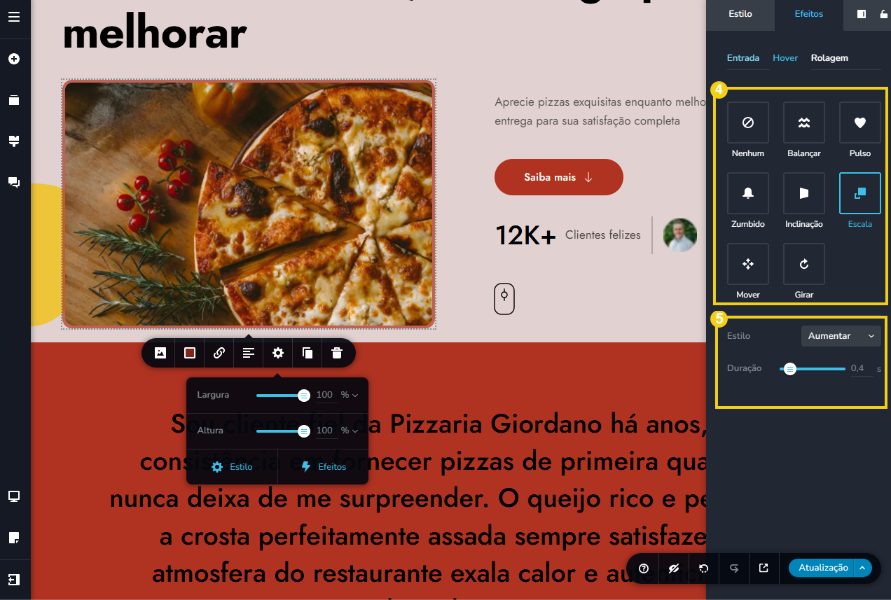 Tela do editor criador de sites com ia, destacando o escolher efeitos