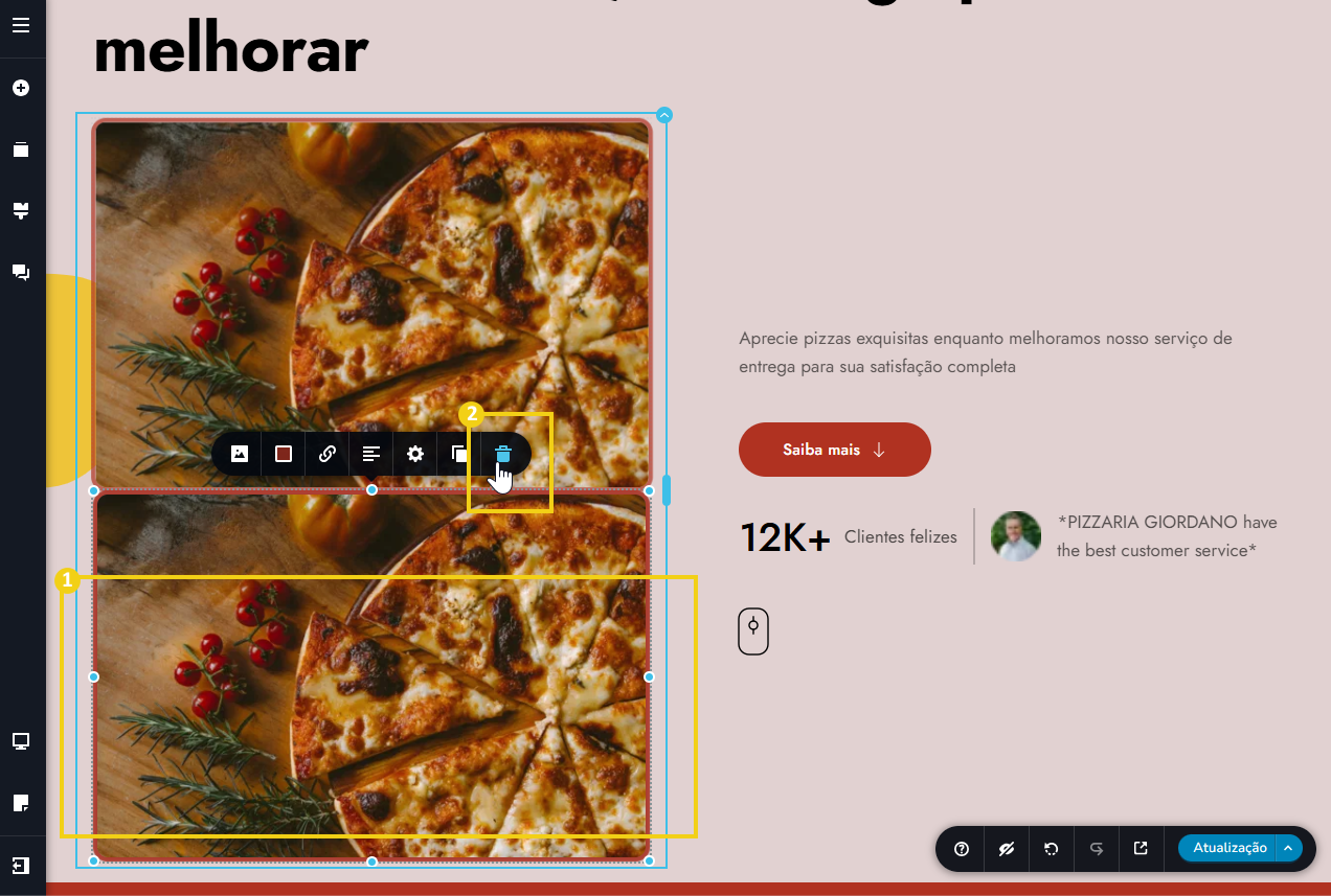 Tela do editor criador de sites com ia, destacando o ícone de deletar imagem