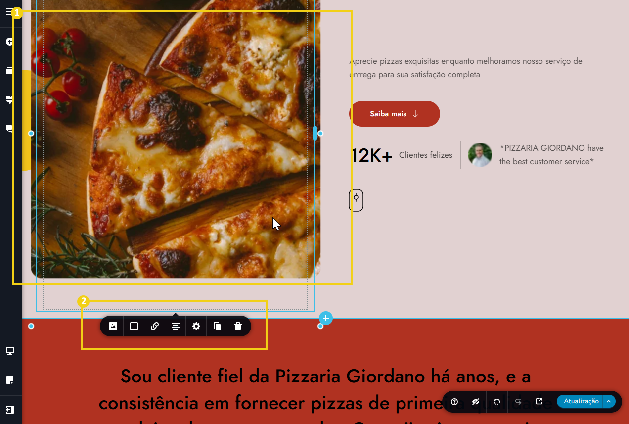 tela do editor criador de sites com ia, destacando a seleção da imagem a editar e a barra de menu da imagem