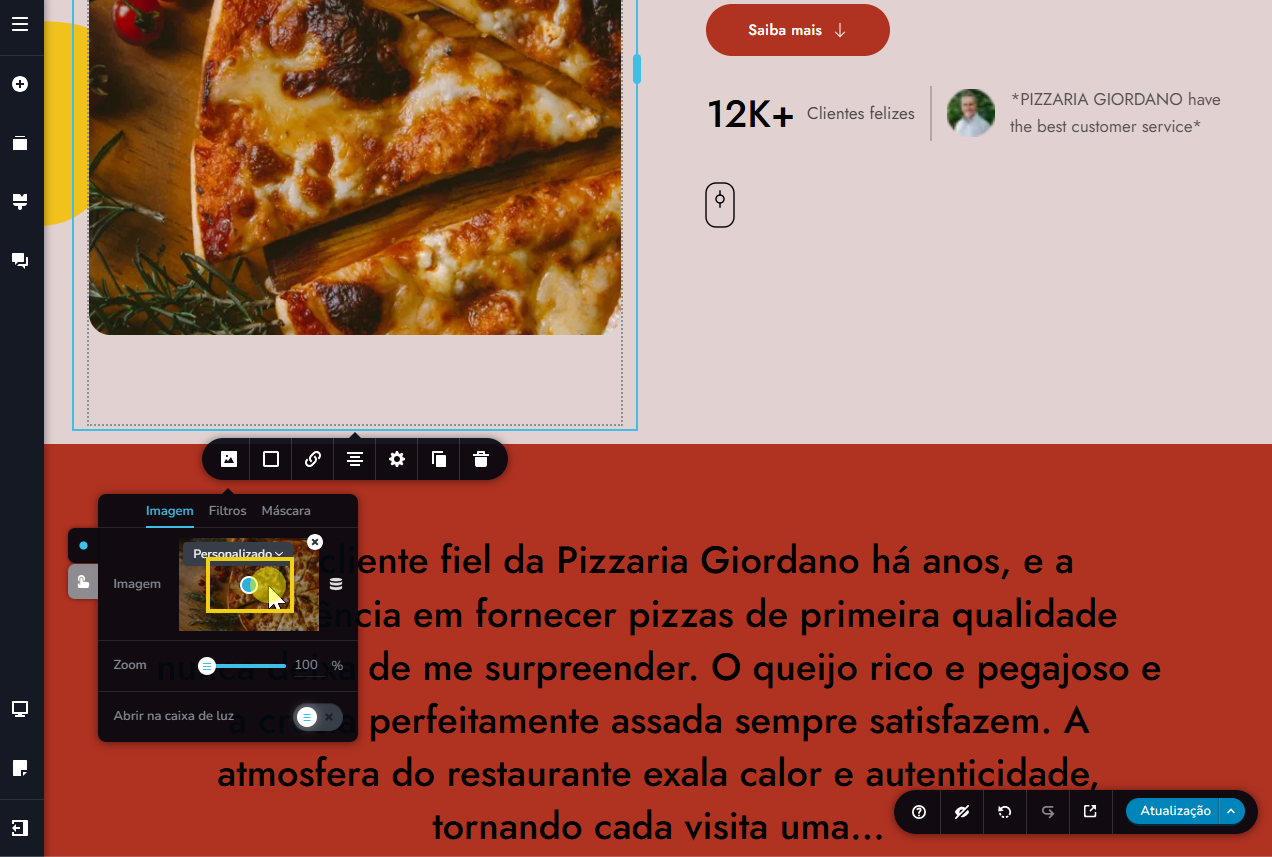 tela do editor criador de sites com ia, destacando no menu de imagem o ícone de pontinho azul para ajustar a imagem
