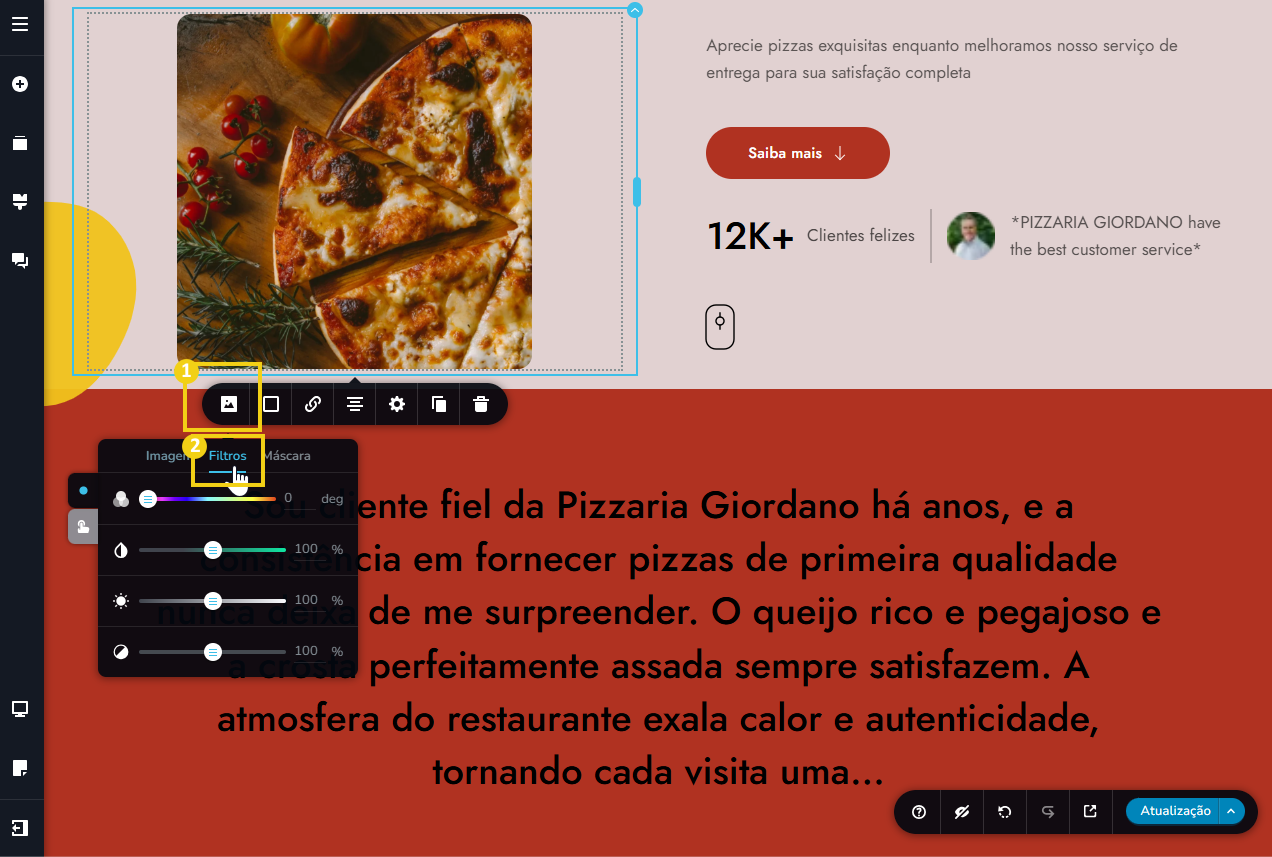 tela do editor criador de sites com ia, destacando botão filtros imagem