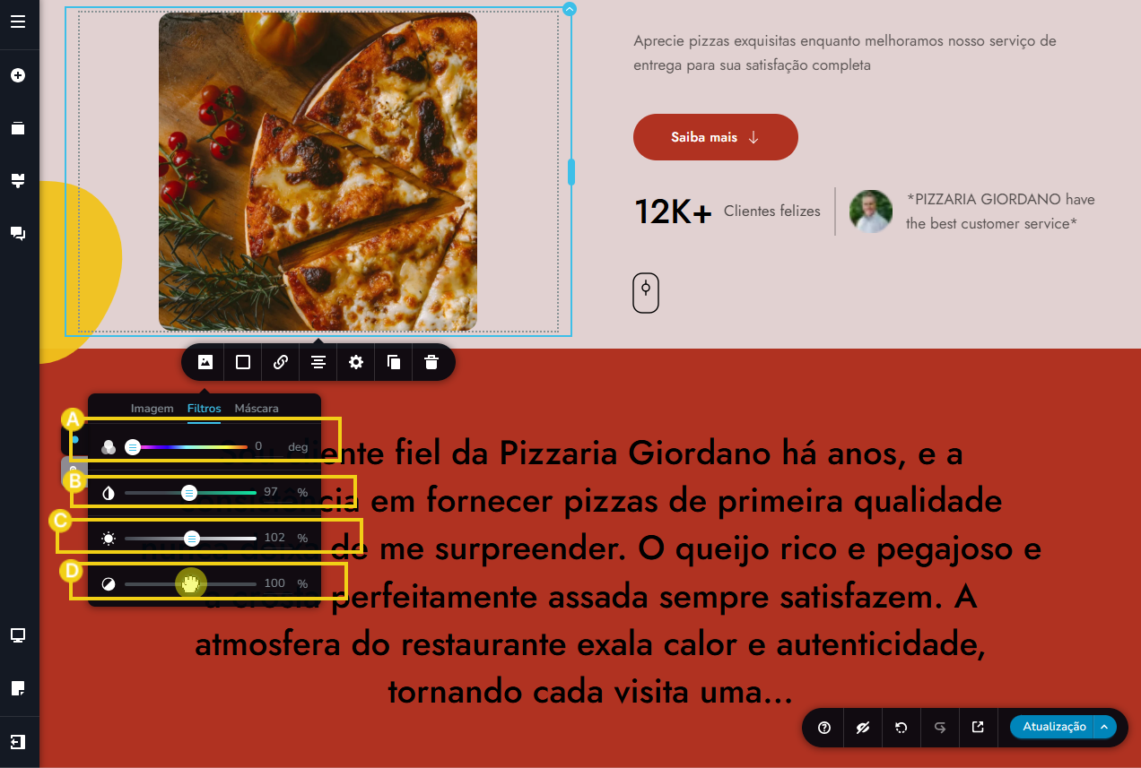 tela do editor criador de sites com ia, destacando ajustes de filtros imagem