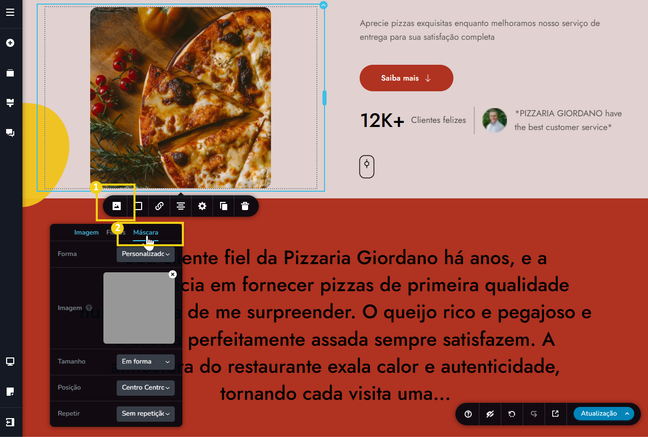 tela do editor criador de sites com ia, destacando no menu da imagem o botão de máscara