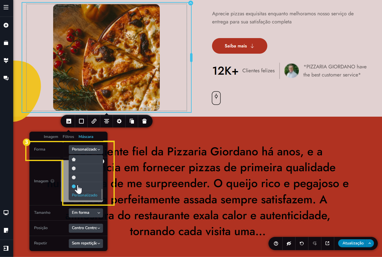 tela do editor criador de sites com ia, destacando no menu de imagem e na parte de mascara a forma de máscara