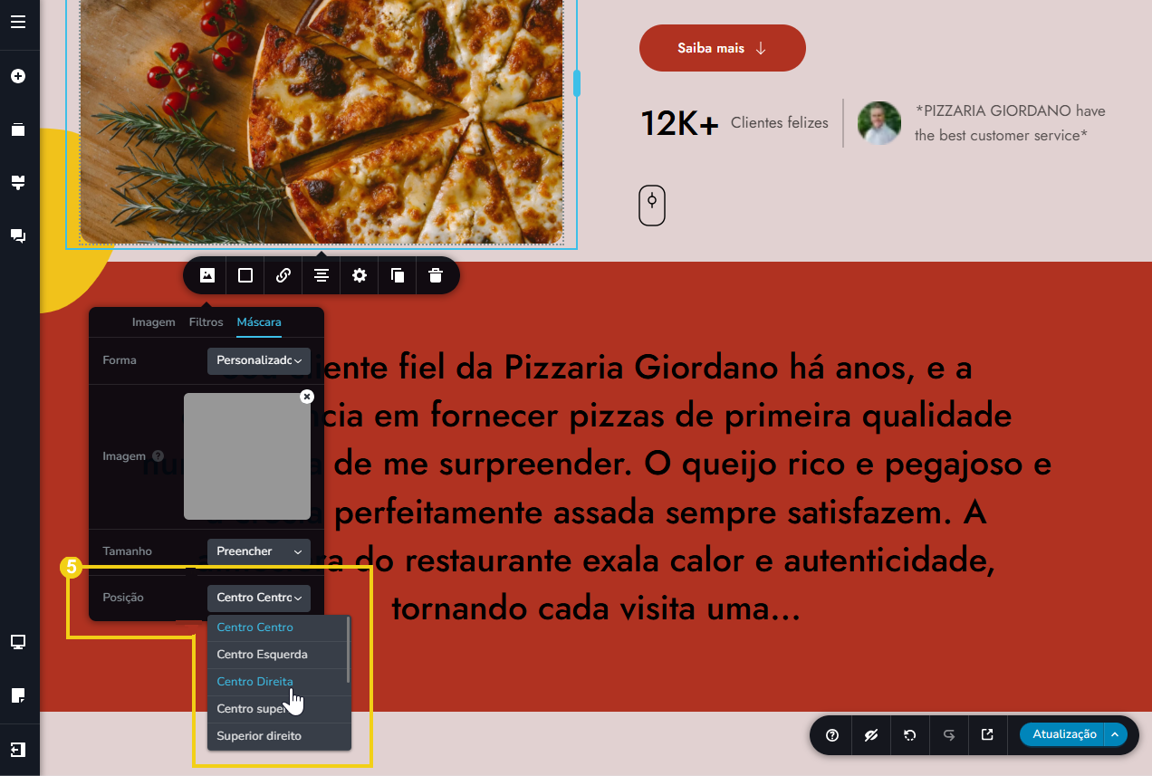 tela do editor criador de sites com ia, destacando a posição da máscara